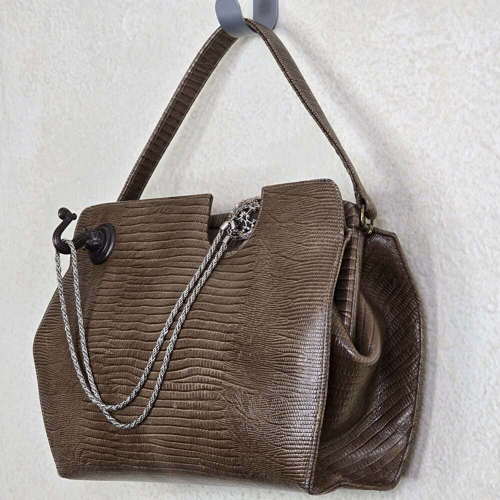 Custom Vintage Brown Reptile Embossed Structured Handbag - Picture 3 of 8